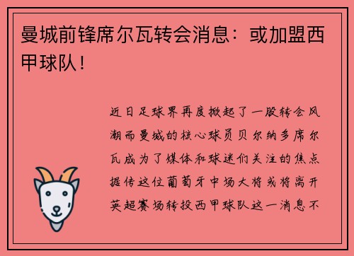 曼城前锋席尔瓦转会消息：或加盟西甲球队！