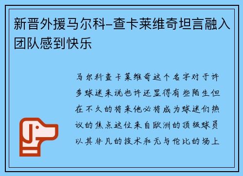 新晋外援马尔科-查卡莱维奇坦言融入团队感到快乐