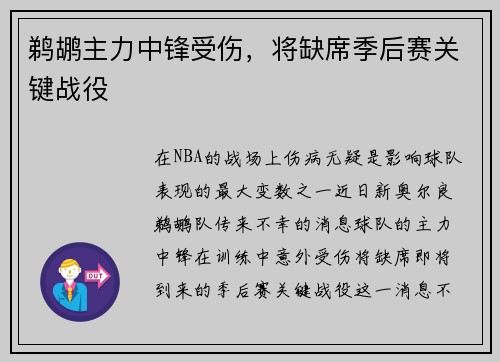 鹈鹕主力中锋受伤，将缺席季后赛关键战役
